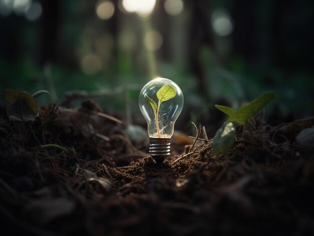 A light bulb with a plant inside it