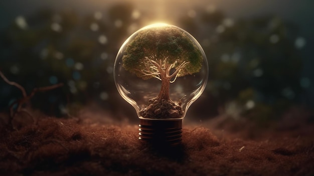 Light bulb with a plant on soil Generative Ai