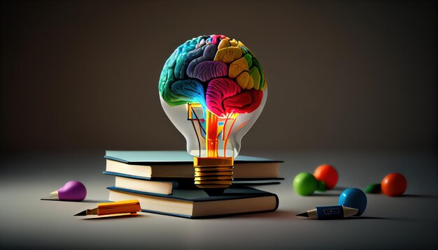 A light bulb with a rainbow brain inside sits on top of books.
