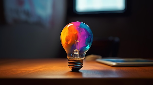 A light bulb with a rainbow colored lightbulb on a table