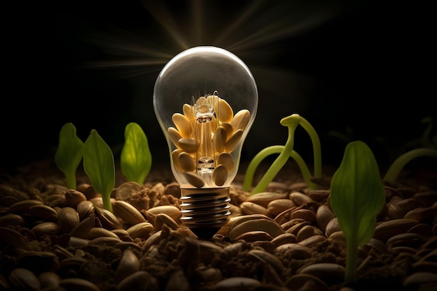 Light bulb with seedlings growing out of the ground Ai Generated