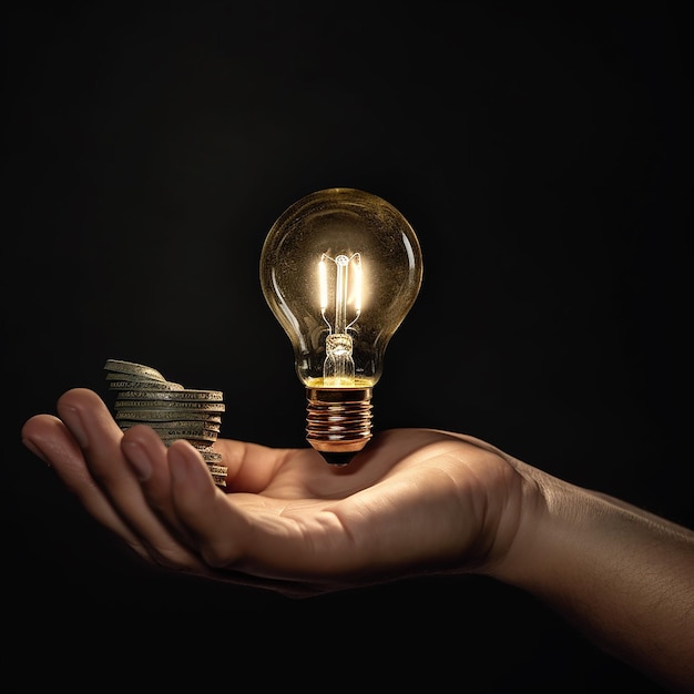 a light bulb with a stack of coins in the palm of the hand