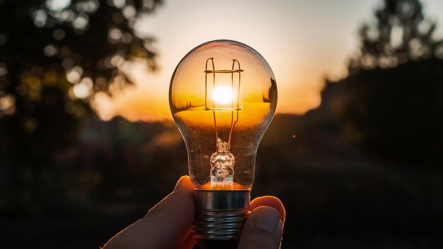 Photo a light bulb with the sun setting behind it