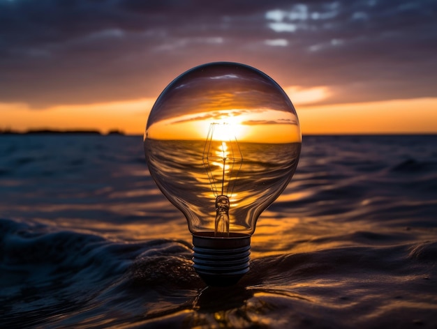 A light bulb with the sunset reflected in it