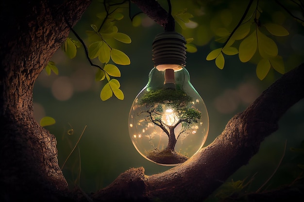 A light bulb with a tree inside