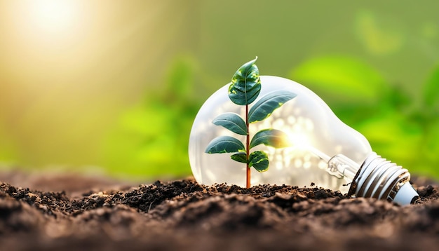 Light bulb with tree with soil inside sunset background energy saving concept renewable energy