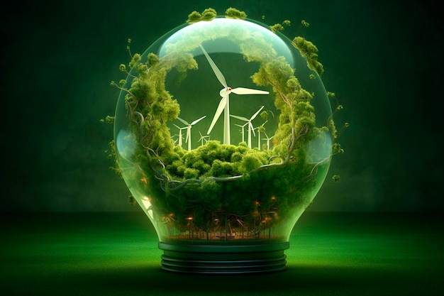 Light bulb with wind turbine Green energy eco energy concept Generative ai