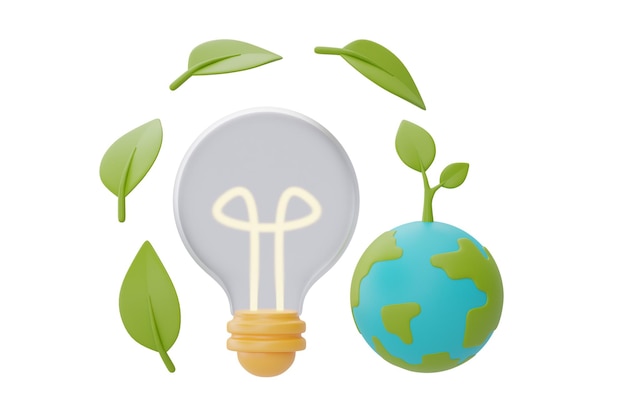 Light bulb with world globe and green leafsmart energy\
savinghappy earth dayworld environment dayeco friendly3d\
rendering