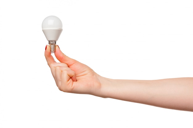 Light bulb in woman hand on white 