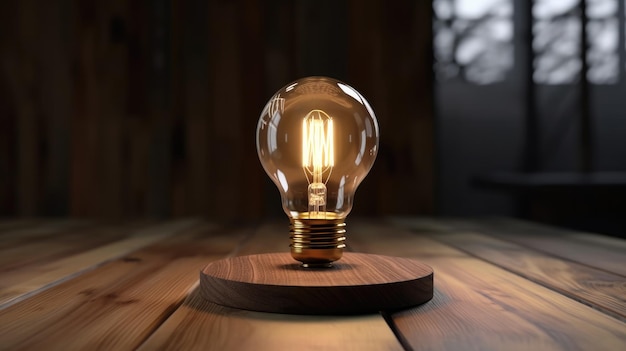 A light bulb on a wooden table with a dark background.