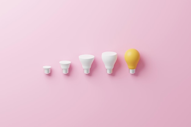 Light bulb yellow growthing outstanding among lightbulb white\
on pink background concept of creative idea and innovation unique\
think different 3d rendering illustration