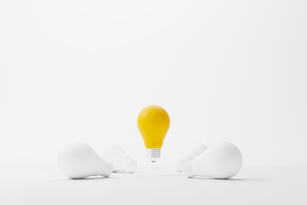 Light bulb yellow outstanding among lightbulb group concept of\
creative idea and innovation unique think different individual and\
standing out from the crowd 3d render illustration