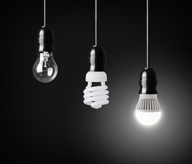 Light bulbenergy saver bulb and LED bulb on black