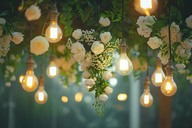 写真 結婚式の花束と一緒に吊るされた電球