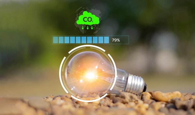 Light bulbs ideas concepts for reducing CO2 emissions for the environment global warming sustainable development and green business from renewable energy for a bright world future innovations