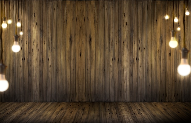 Light bulbs on wood background.