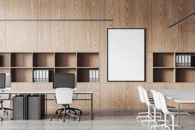 Photo light business room interior with workplace shelf with folders mockup frame