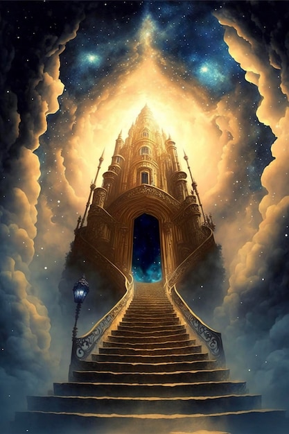 Светлый небесный замок, вселенная внутри, лестница | Премиум Фото