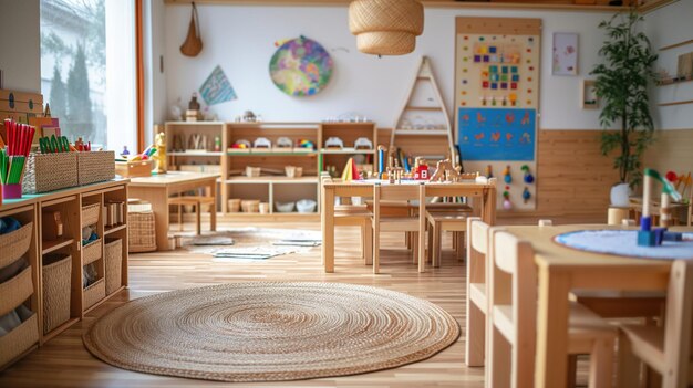 写真 モンテッソリ幼稚園の軽いクラス前面に椅子を備えた木製の子供用テーブル