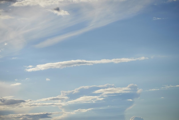 Легкие облака в голубом небе с копировальным космическим фоном Красивое чистое летнее небо с солнечным светом и белыми мягкими текстурированными облаками на природе Успокаивающее небо в солнечный день