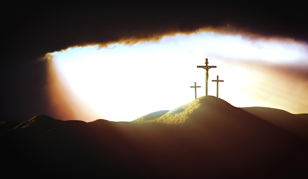 Photo light and clouds on golgotha hill the death and resurrection of jesus christ and the holy cross