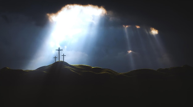 Photo light and clouds on golgotha hill the death and resurrection of jesus christ and the holy cross