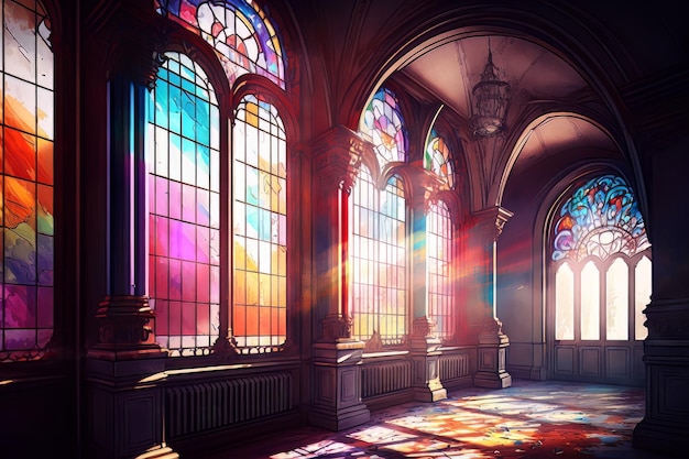 Light Coming Through Towering Stained Glass Generative AI