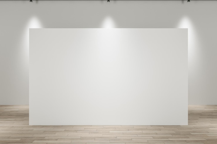Photo light concrete gallery interior with wooden parquet flooring lights and mock up place on wall exhibition concept 3d rendering