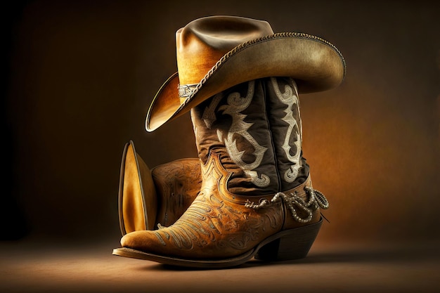 Light cowboy boots with rodeo hat on ranch