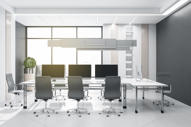 Light coworking meeting room interior with bright city view and equipment 3D Rendering