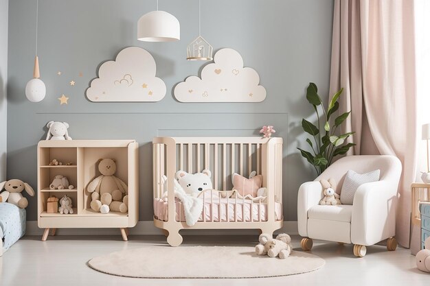 Photo light cozy baby room with cot