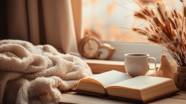 Photo light cozy bedroom coffee or tea cup and an open book on the bed