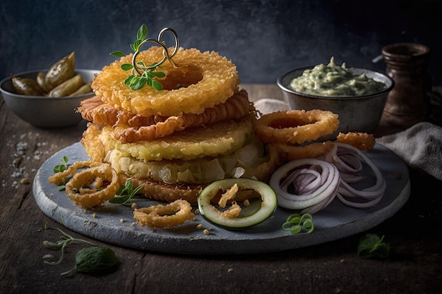 Light crispy potato pancakes with onion rings and gherkin slices