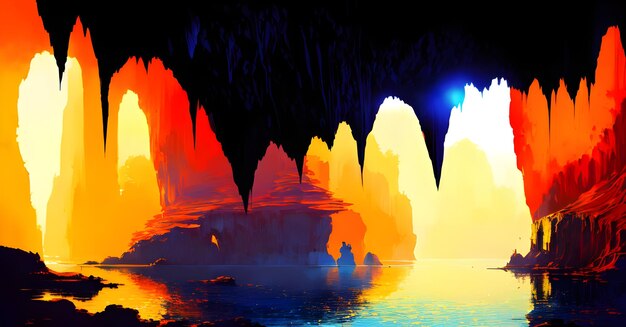 Light in dark cave with stalactite landscape adventure dungeon den generative ai for instagram oil painting brochures fliers