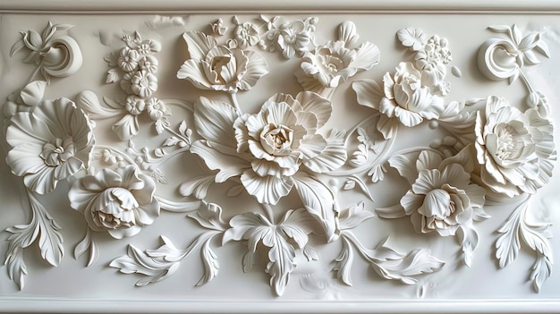 Light decorative texture of plaster wall with volumetric decorative flowers