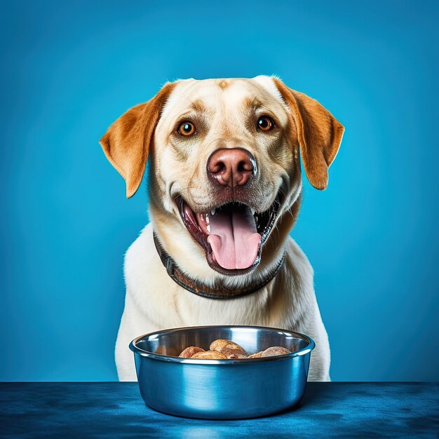 Light dog with a bowl for food on a yellow background