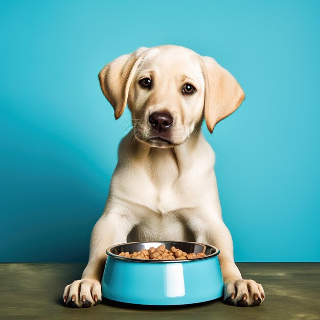 Light dog with a bowl for food on a yellow background