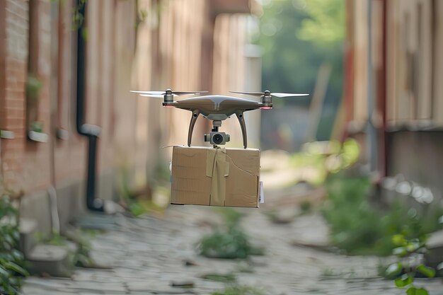 A light drone delivers a parcel to the recipient