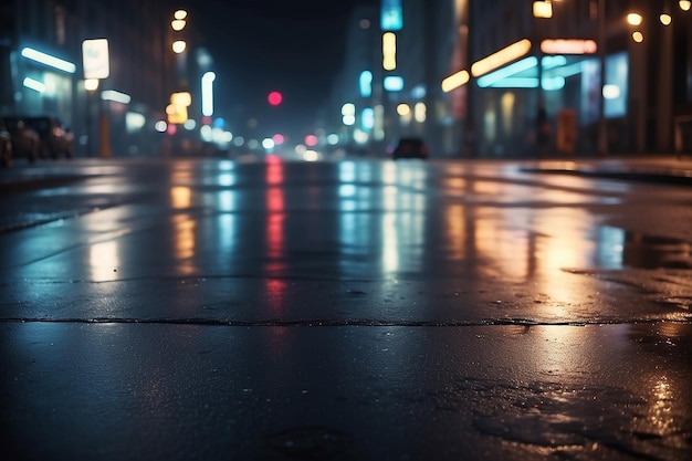 Light effect blurred background Wet asphalt night view of the city neon reflections on the concrete floor