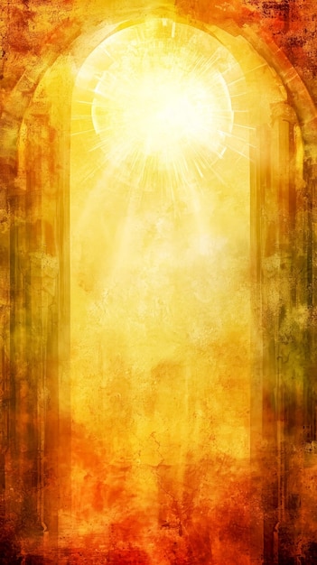 Свет, исходящий из арочного дверного проема, создает интенсивное и теплое свечение, которое символизирует