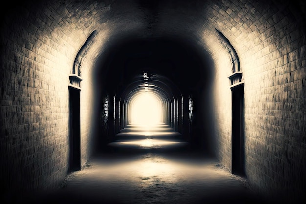 Light at end of dark tunnel in shape of arched doorway