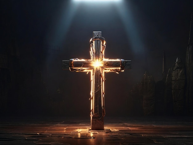 Photo light expel darkness concept background light from sky or heaven shine trough space area crucifix or cross form