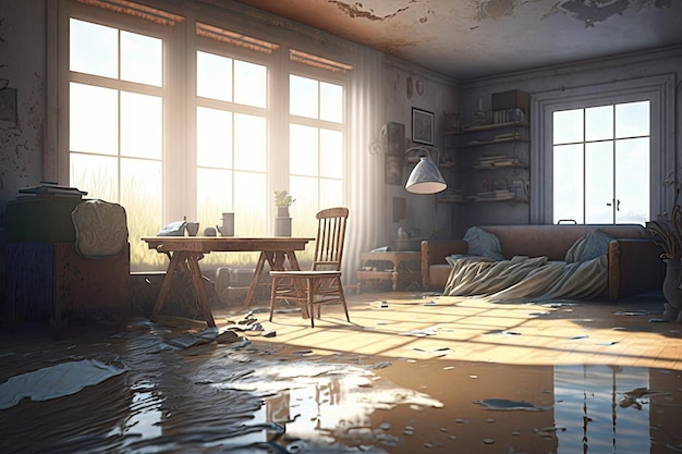 Light flooded flat interior of home with sandy water and ruined furniture created with generative ai