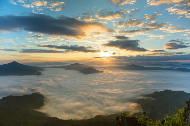 朝は薄霧の山。