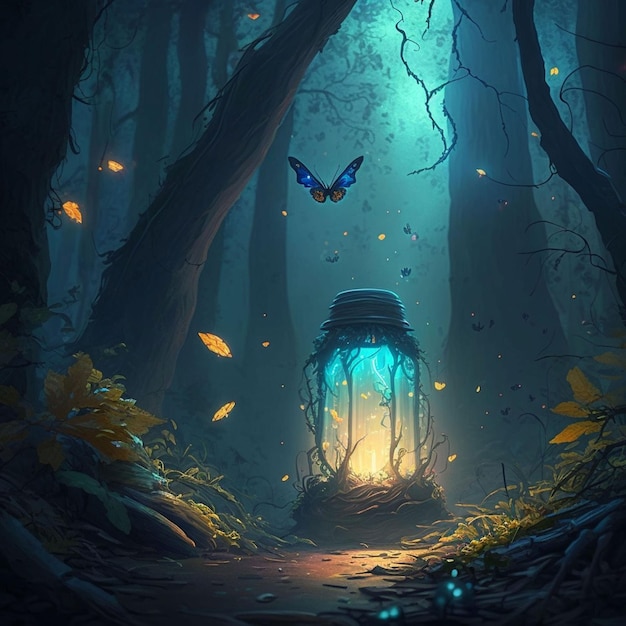 A light in the forest with a butterfly on the wall