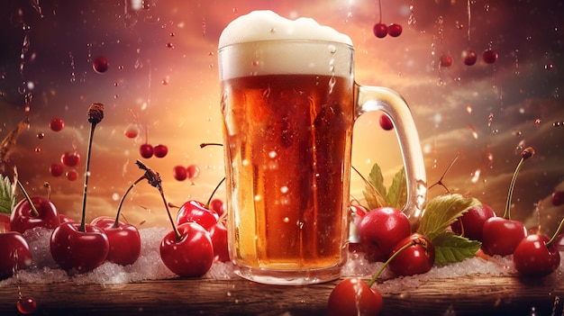 Photo light fruit beer and cherries on wooden background creative commercial illustration craft cherry beer or ale or kriek in a beer mug light beer glass of red beer cherry lemonade generative ai