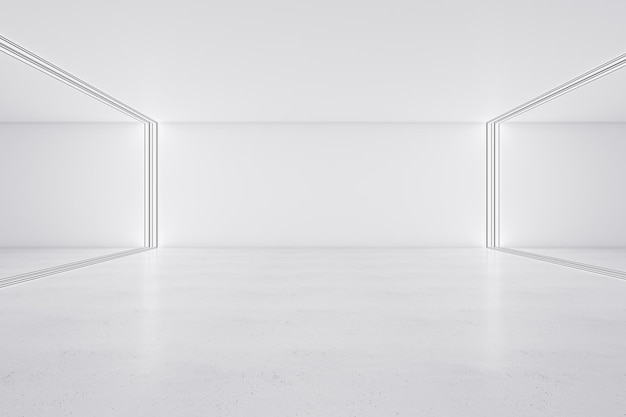 Photo light futuristic design project of empty hall with glossy floor and glowing frames on sides 3d rendering mockup