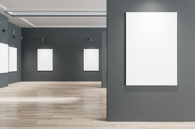 Light gallery interior with empty white posters mock up place\
and wooden flooring mock up 3d rendering