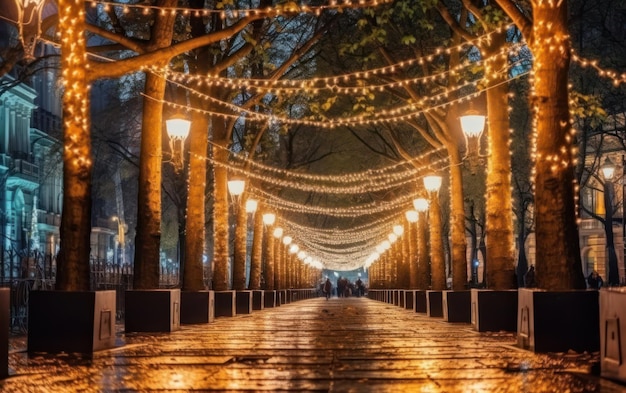 Light garland on the street at daylight Decoration of the street with vintage