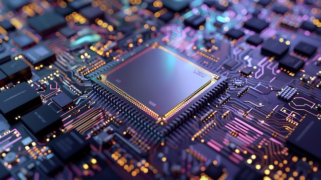 Золотой и фиолетовый электрический чип с электроникой